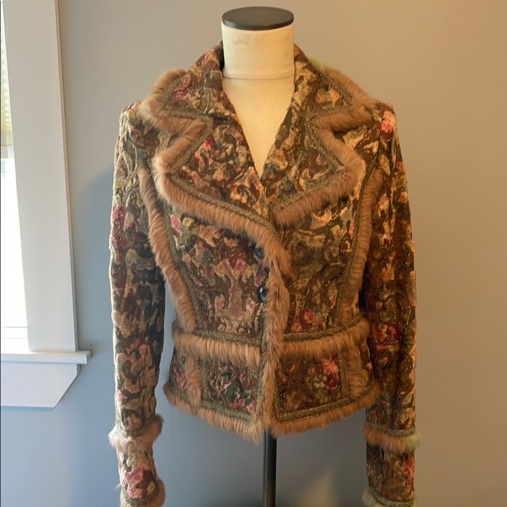 Cynthia Steffe Brown Floral Teddy Jacket with Faux Fur Trim